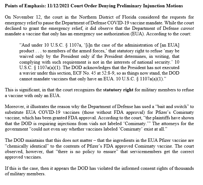 Points of Emphasis: 11/12/2021 Court Order Denying Preliminary Injunction Motions